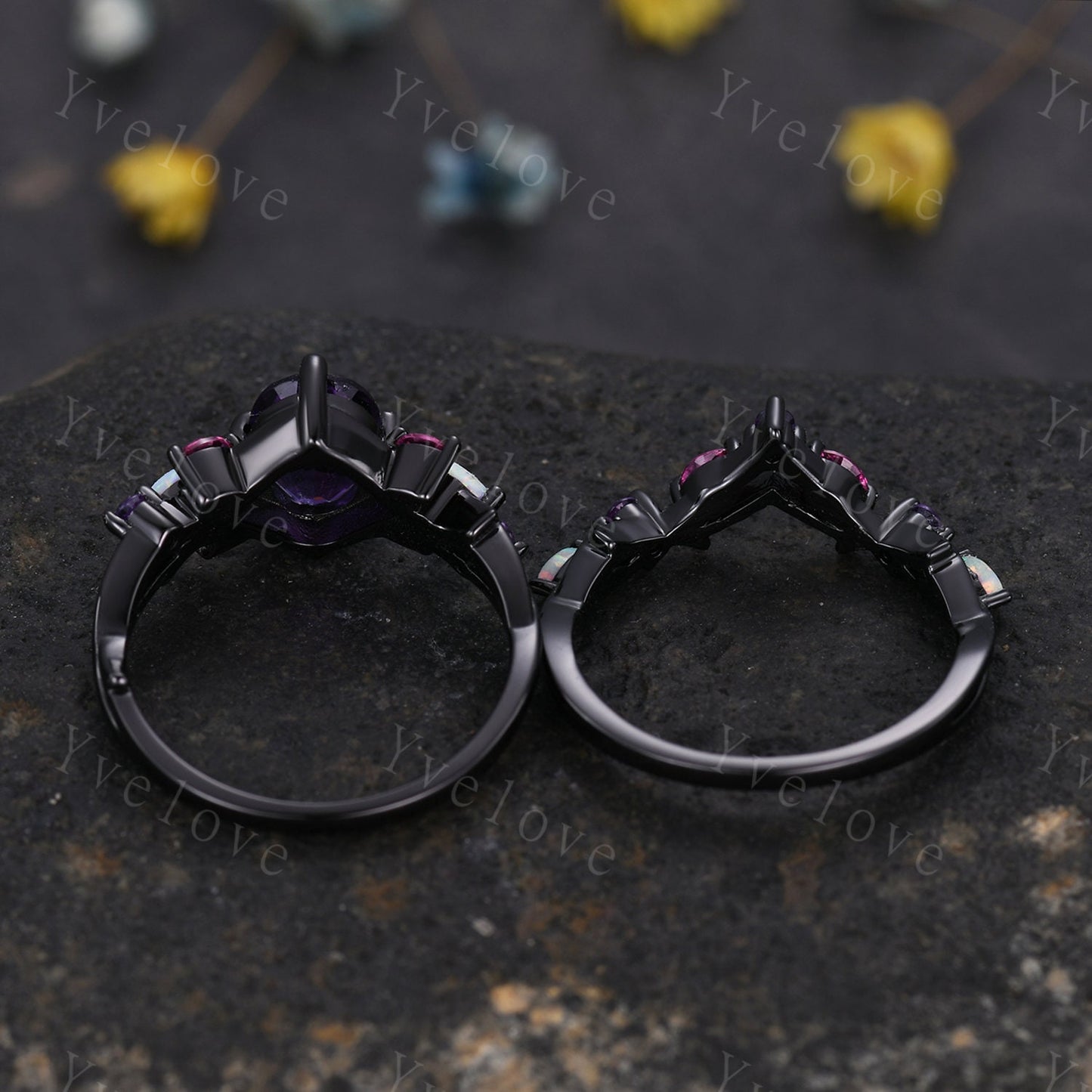 Vintage Oval Amethyst Engagement Ring Set,Black Gold,Vines Red Ruby Opal Ring,Women Bridal Set,Unique Twig Anniversary Promise Ring Gift