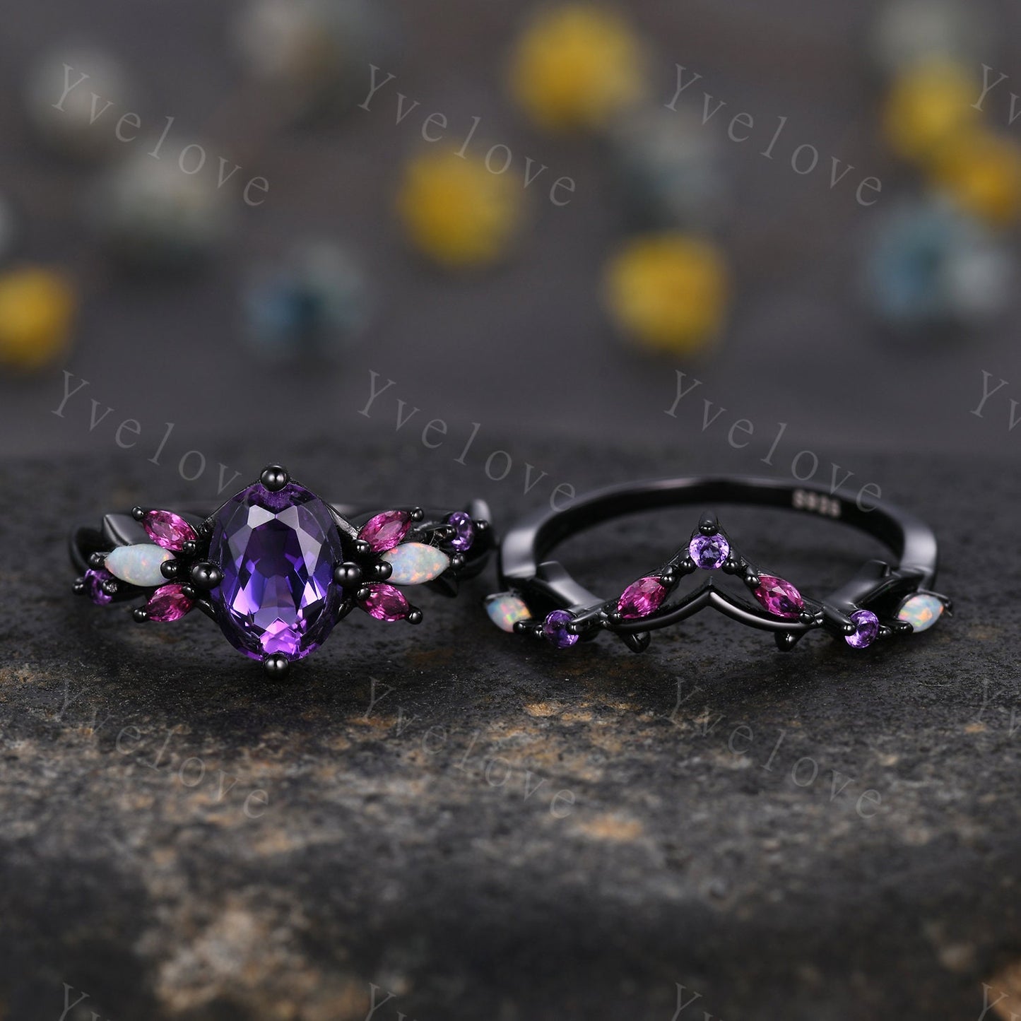 Vintage Oval Amethyst Engagement Ring Set,Black Gold,Vines Red Ruby Opal Ring,Women Bridal Set,Unique Twig Anniversary Promise Ring Gift