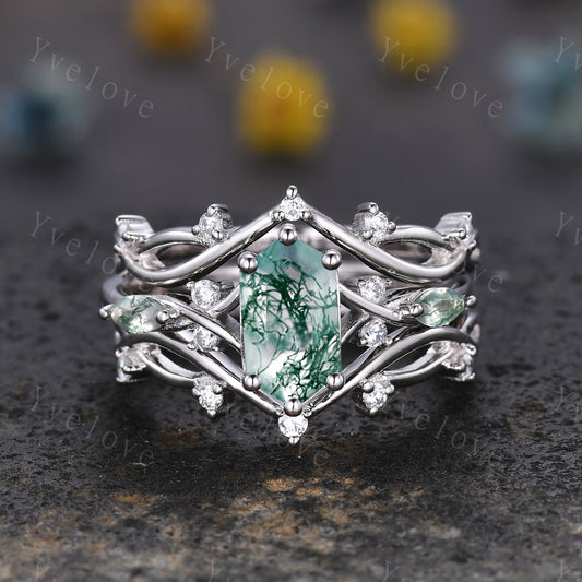 Unique Moss Agate Ring,Green Agate Engagement Ring,Bridal Set,Diamond Matching Stacking Wedding Band,Vine Twig Enhance Band,S925 Silver Ring