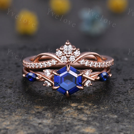 Vintage sapphire engagement ring hexagon sapphire ring rose gold unique floral personalized ring bridal set art deco anniversary ring gift