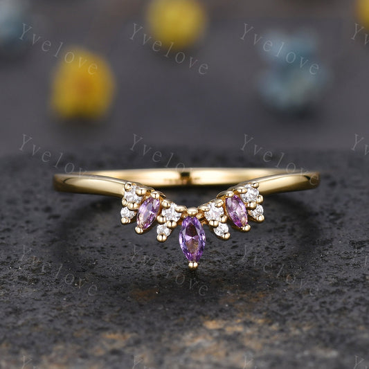 Dainty Amethyst Wedding Band Moissanite Wedding Ring Marquise Amethyst Engagement Ring Stacking Matching Ring Curved Wedding Band Women Gift