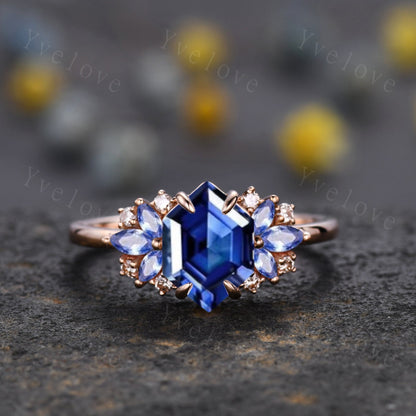 Vintage Hexagon Sapphire engagement ring,Unique marquise sapphire Ring,Cluster Ring,Rose Gold,Women Bridal Wedding Band,Statement Ring gift