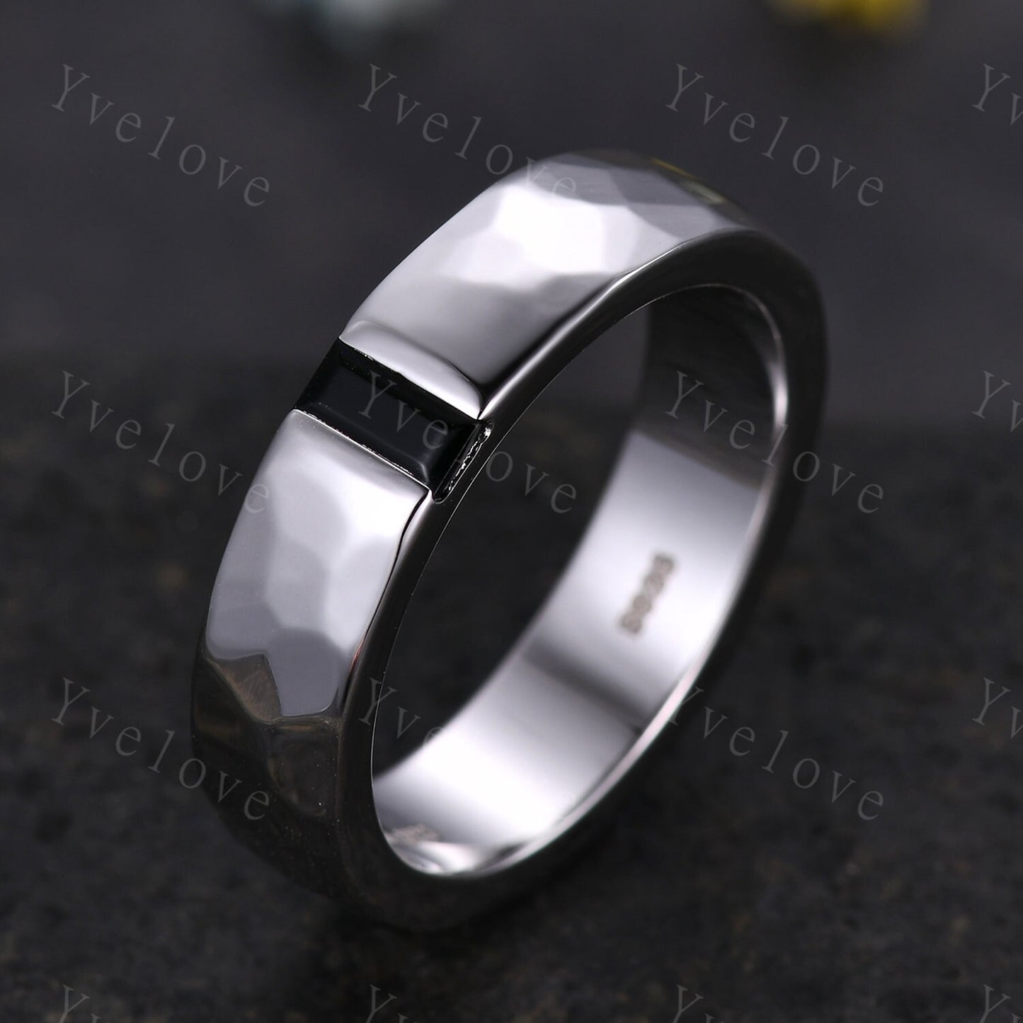 Mens Black Onyx Wedding Band Baguette Cut Black Gem Band White Gold Ring Mens Hammered Stacking Matching Band Retro Vintage Ring Gift