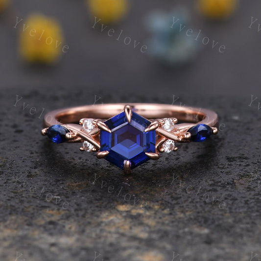 Vintage sapphire engagement ring hexagon sapphire wedding ring rose gold band unique personalized ring art deco bridal ring anniversary gift