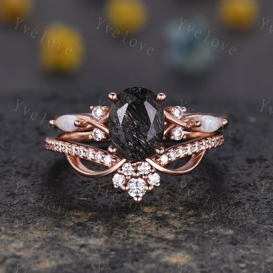 Vintage oval black rutilated quartz engagement ring marquise opal diamond unique floral bridal set art deco anniversary gift personalized