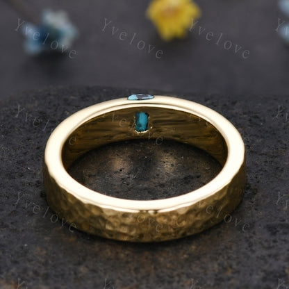 Mens Turquoise Wedding Band Baguette Cut Turquoise Band 5mm Solid Gold Ring Mens Hammered Stacking Matching Band Retro Vintage Ring Gift