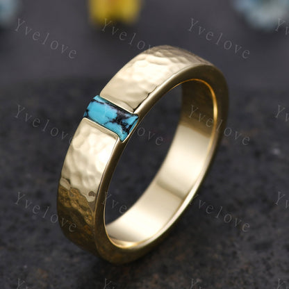 Mens Turquoise Wedding Band Baguette Cut Turquoise Band 5mm Solid Gold Ring Mens Hammered Stacking Matching Band Retro Vintage Ring Gift