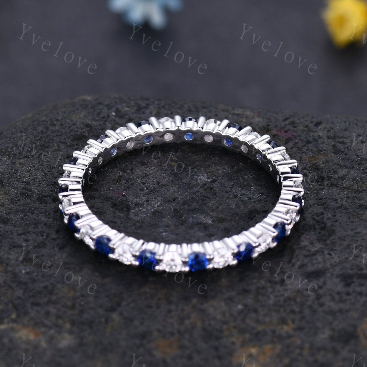 2mm blue sapphire diamond engagement ring eternity band 14k solid white gold moissanite matching stacking ring custom jewelry Christmas gift