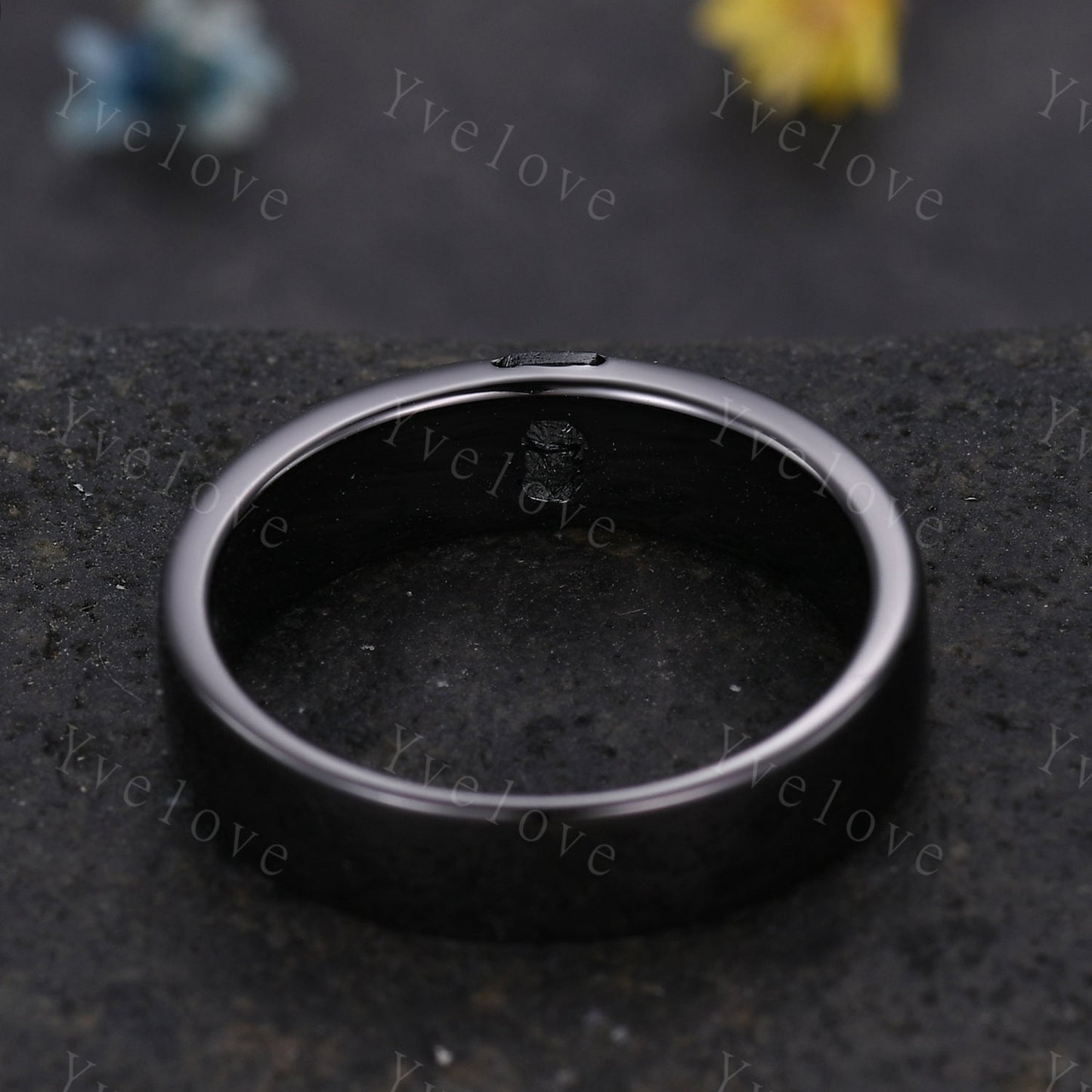 Mens Black Rutilate Quartz Wedding Band Baguette Cut Band 5mm Black Gold Ring Mens Solitaire Stacking Matching Band Retro Vintage Ring Gift