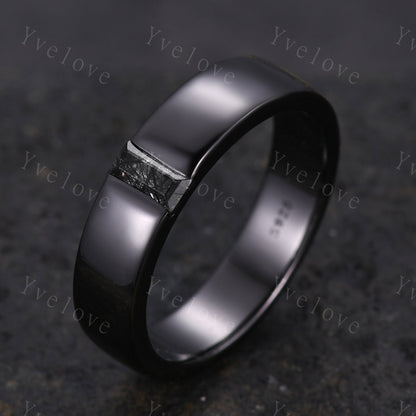 Mens Black Rutilate Quartz Wedding Band Baguette Cut Band 5mm Black Gold Ring Mens Solitaire Stacking Matching Band Retro Vintage Ring Gift