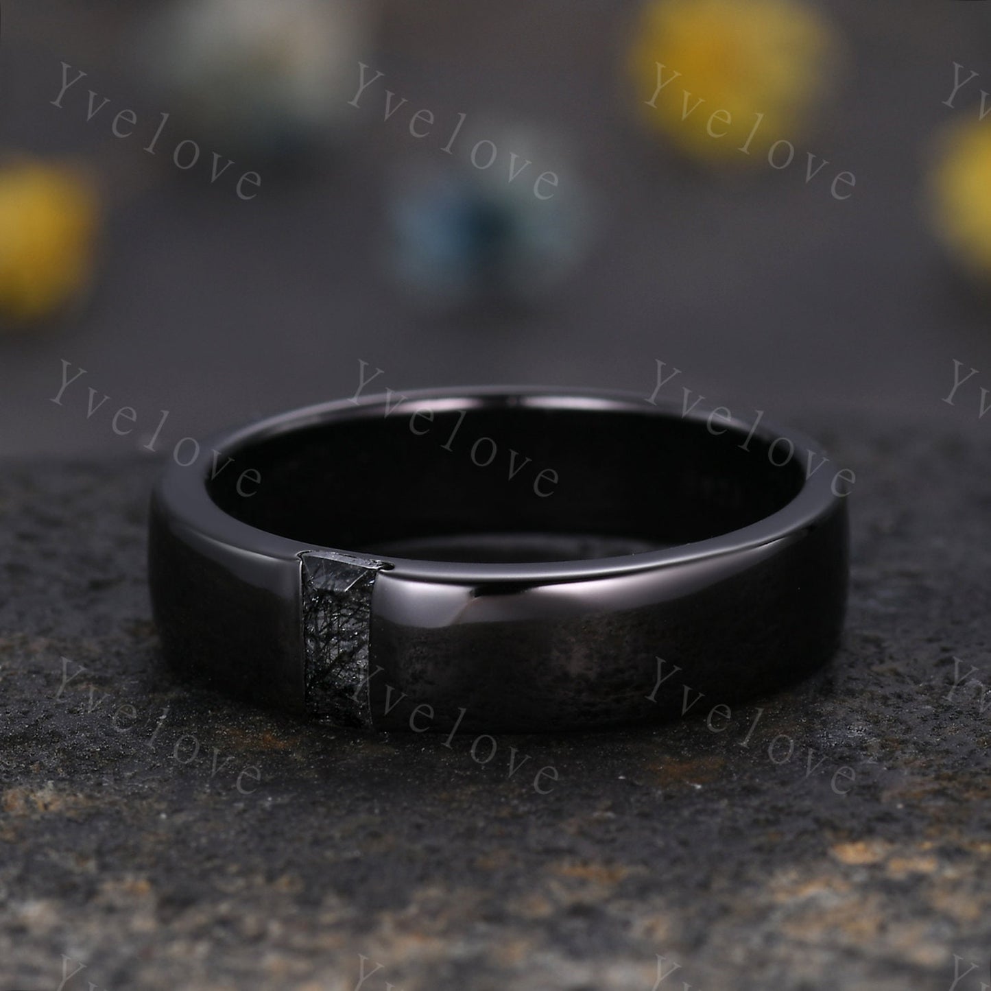 Mens Black Rutilate Quartz Wedding Band Baguette Cut Band 5mm Black Gold Ring Mens Solitaire Stacking Matching Band Retro Vintage Ring Gift