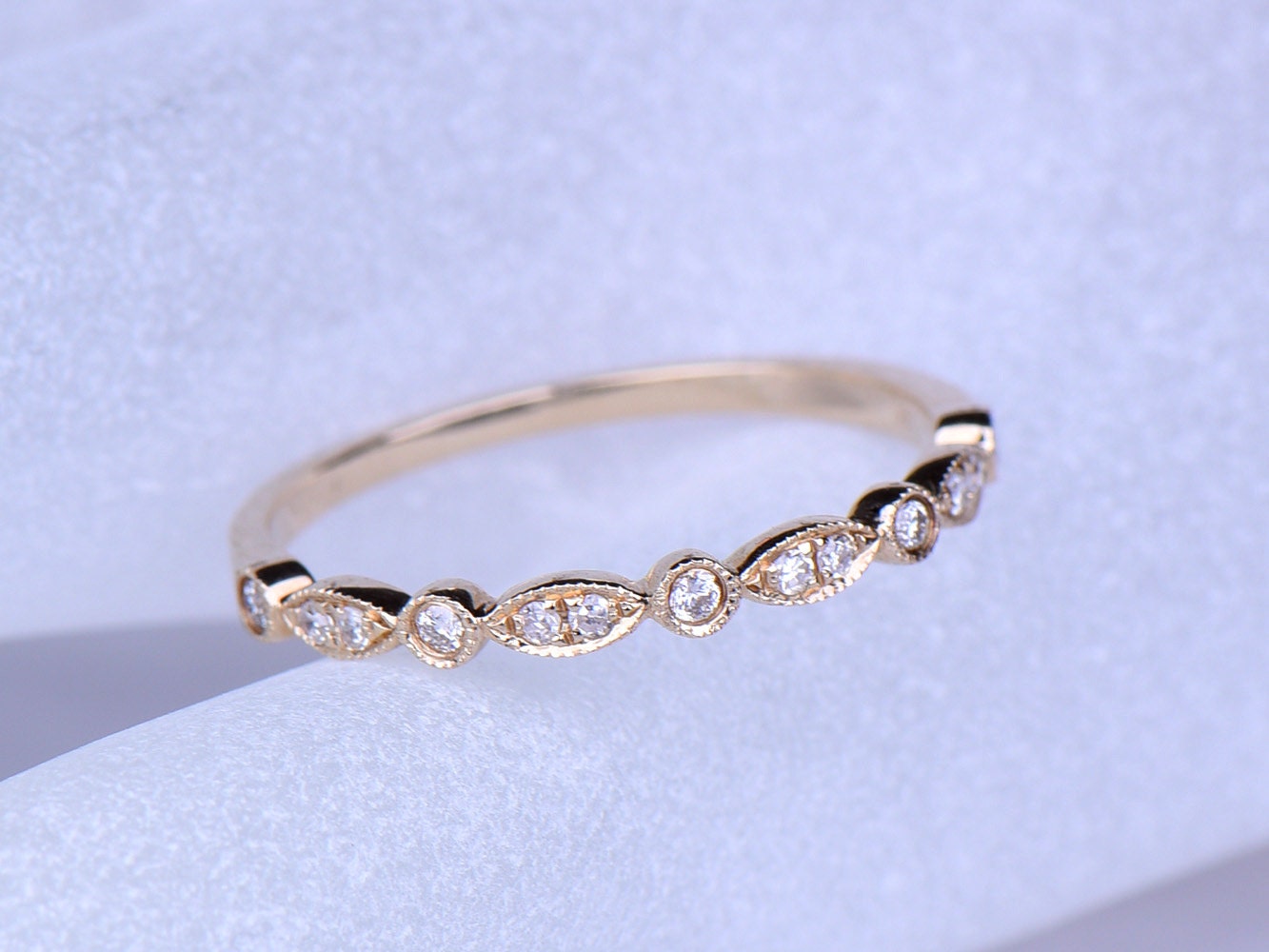 Diamond ring diamond wedding band half eternity ring engagement ring stacking matching band Milgrain set art deco ring solid 14k yellow gold