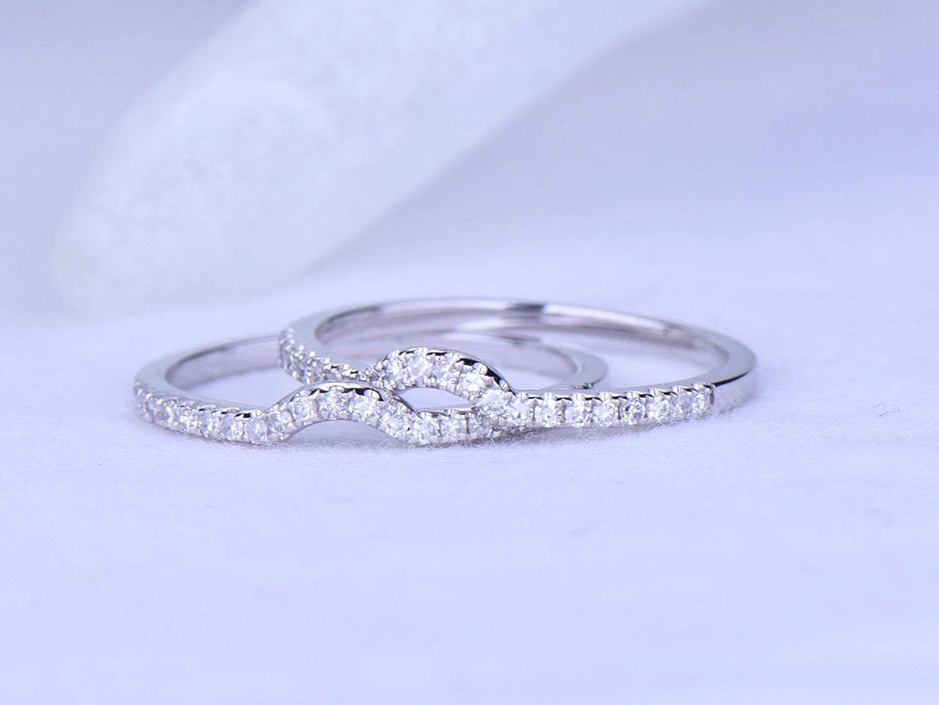 Diamond ring set diamond wedding band curved matching band 14k white gold ring half eternity ring 0.15ct natural SI-H diamonds pave set