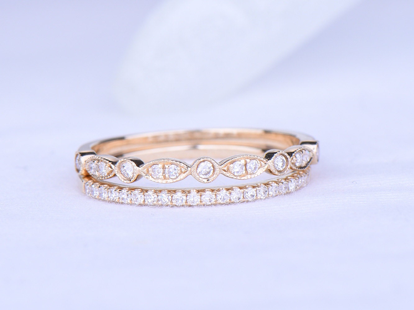 Diamond wedding ring Set diamond wedding band half eternity ring engagement ring stacking matching band Milgrain style solid 14k rose gold